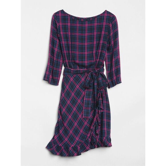 NEW GAP Women’s Small Tall Plaid Faux-Wrap Ruffle Hem Dress - Picture 5 of 5